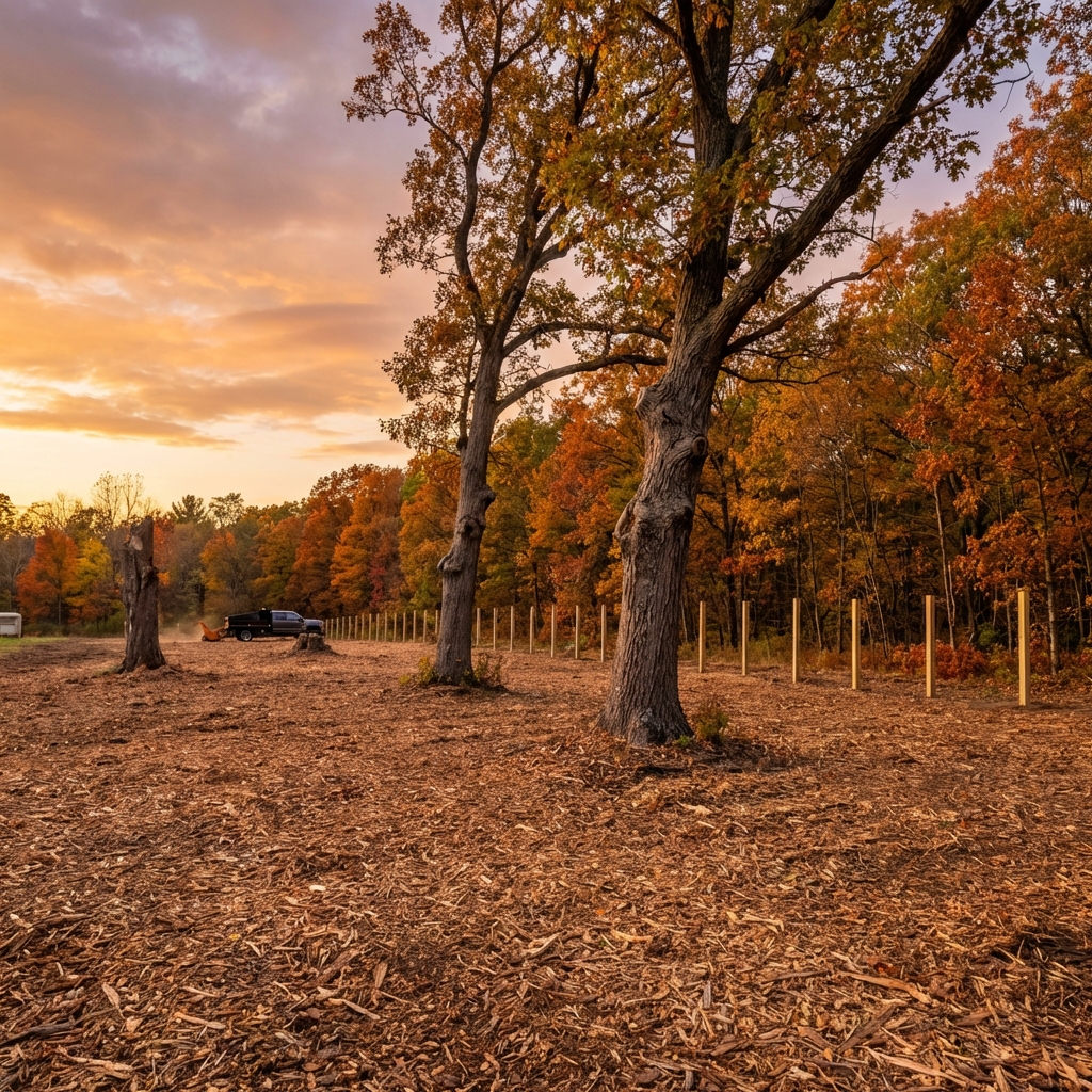 Freshly cleared Michigan land after forestry mulching - showing preserved oak trees and clean fence line